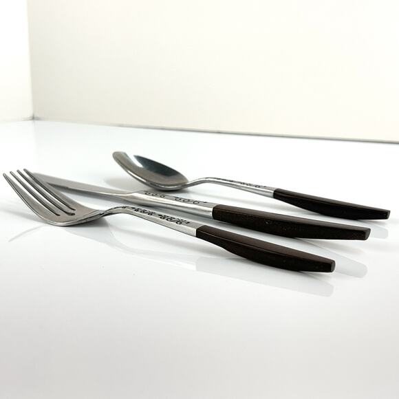 Vtg 3pc Flatware INTERPUR INR2 Japan Stainless Steel Brown Faux Wood Scroll MCM - Picture 3 of 14